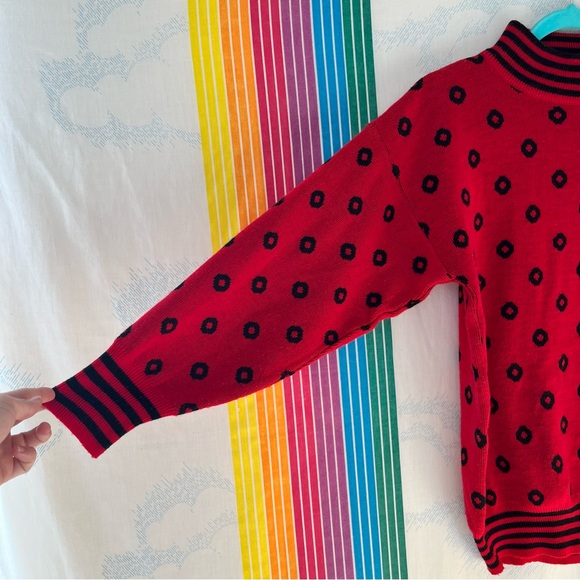 Vintage 90s Red Black Polka Dot Acrylic Sweater small clown funky bold - Picture 3 of 9